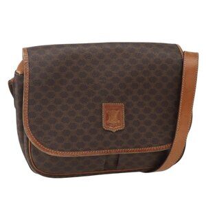 Authentic CELINE Macadam Canvas Shoulder Bag PVC Leather Brown Gold